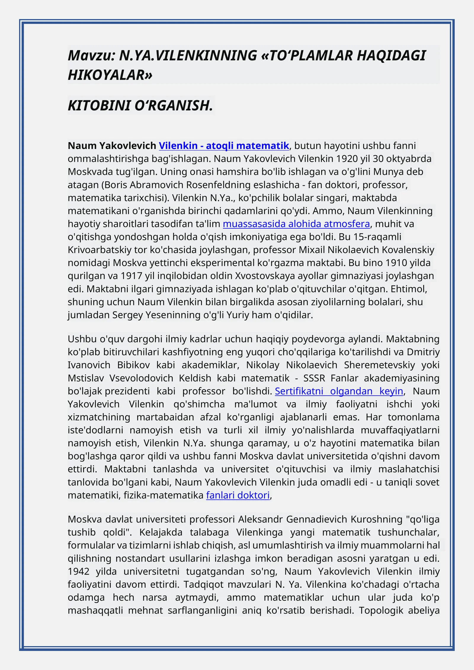 N.YA.VILENKINNING «TO‘PLAMLAR HAQIDAGI HIKOYALAR» KITOBINI O‘RGANISH