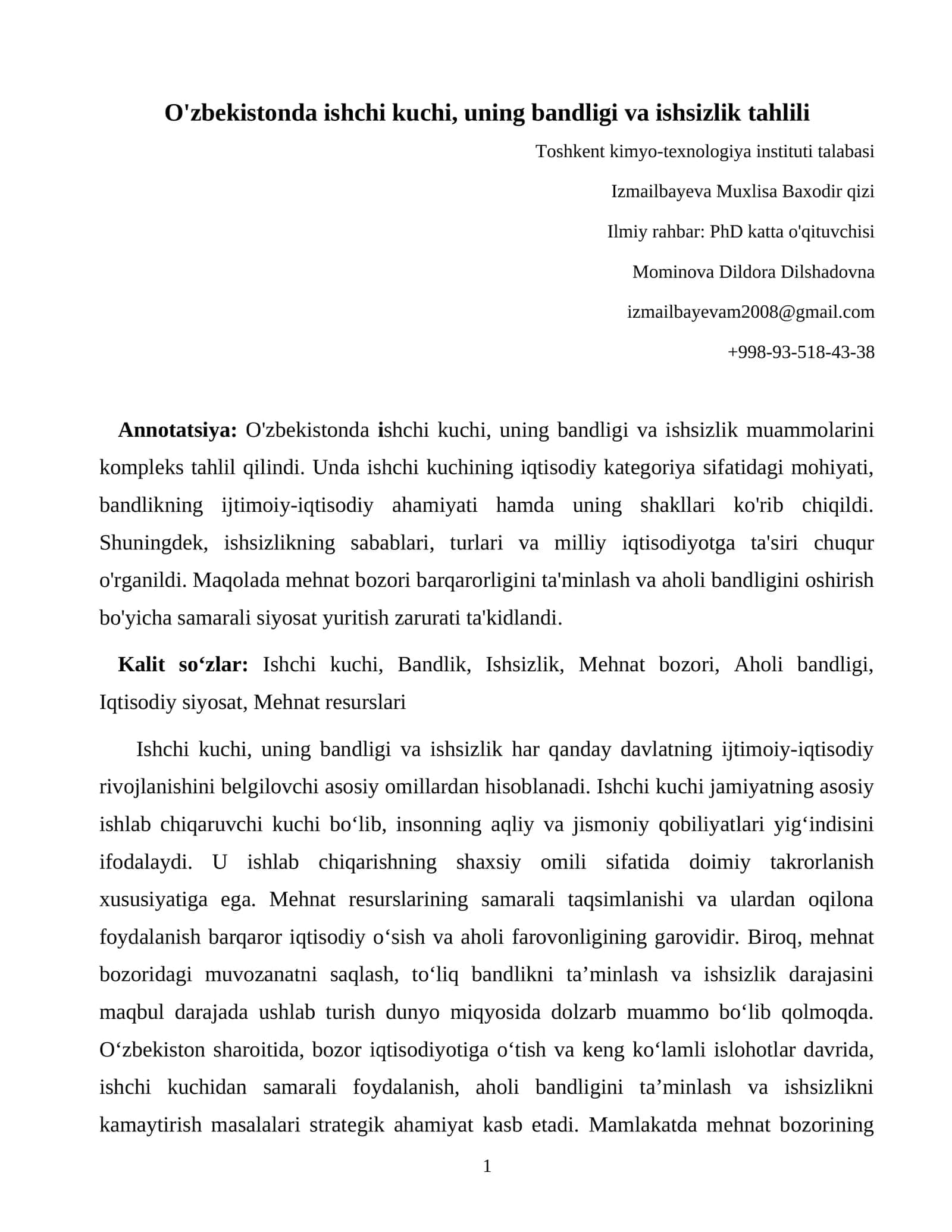 O'zbekistonda ishchi kuchi, uning bandligi va ishsizlik tahlili