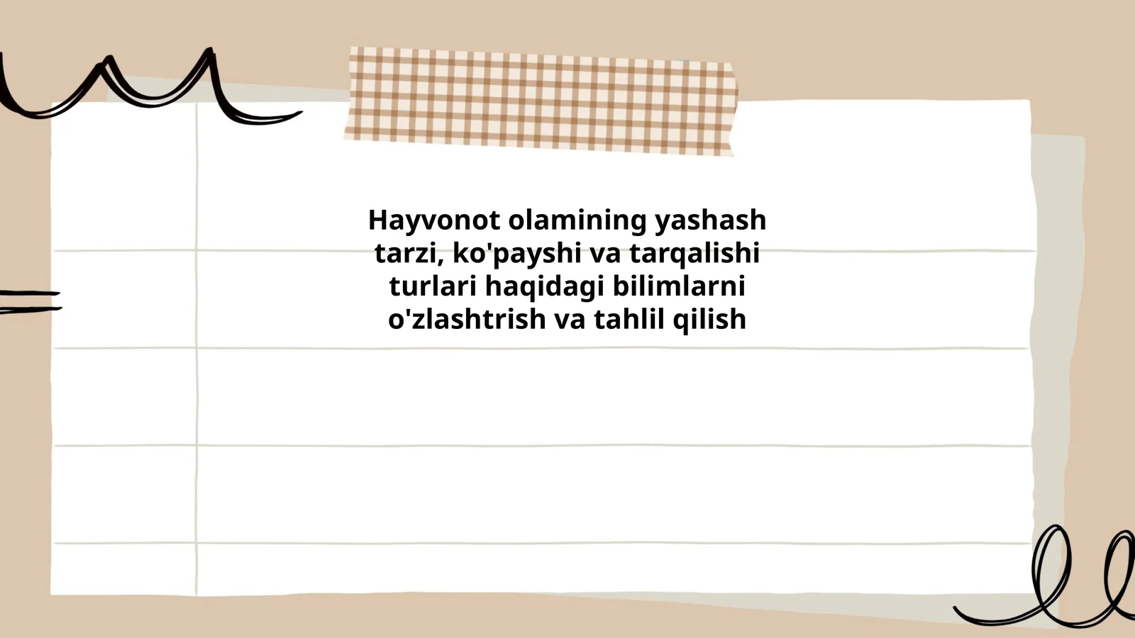 Hayvonot olamining yashash tarzi, ko'payshi va tarqalishi turlari haqidagi bilimlarni o'zlashtrish va tahlil qilish