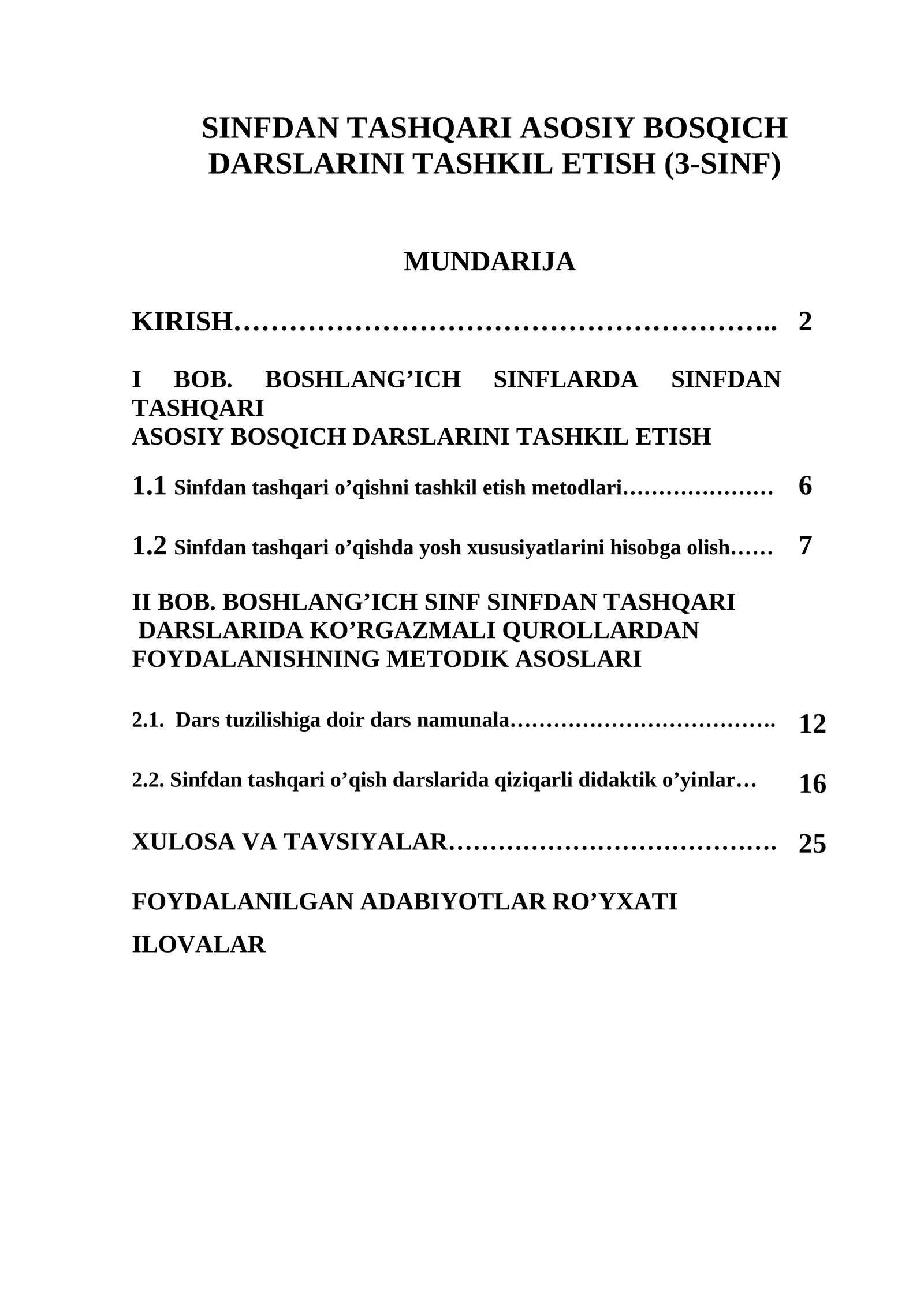 SINFDAN TASHQARI ASOSIY BOSQICH DARSLARINI TASHKIL ETISH (3-SINF)