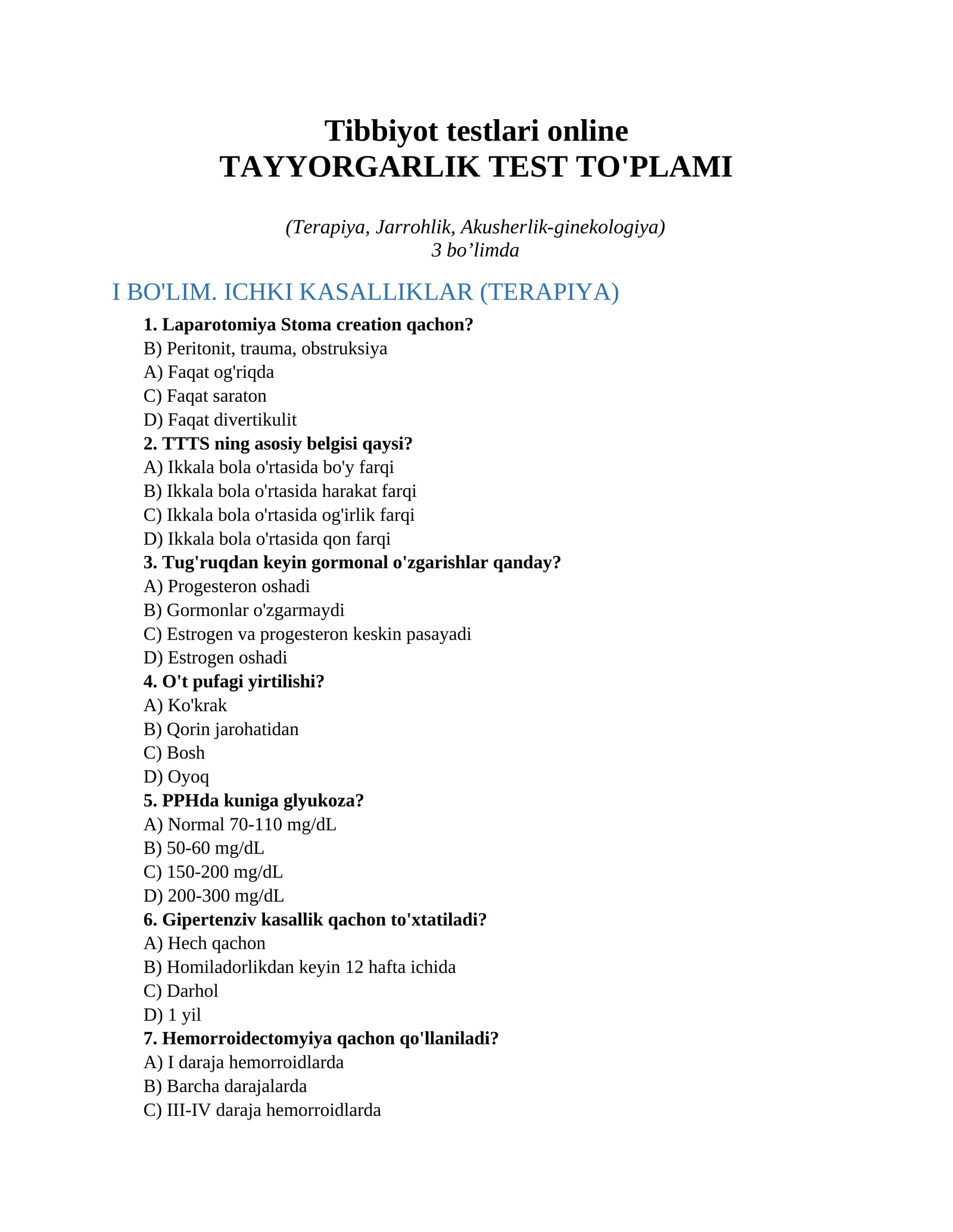 Tibbiyot testlari online
