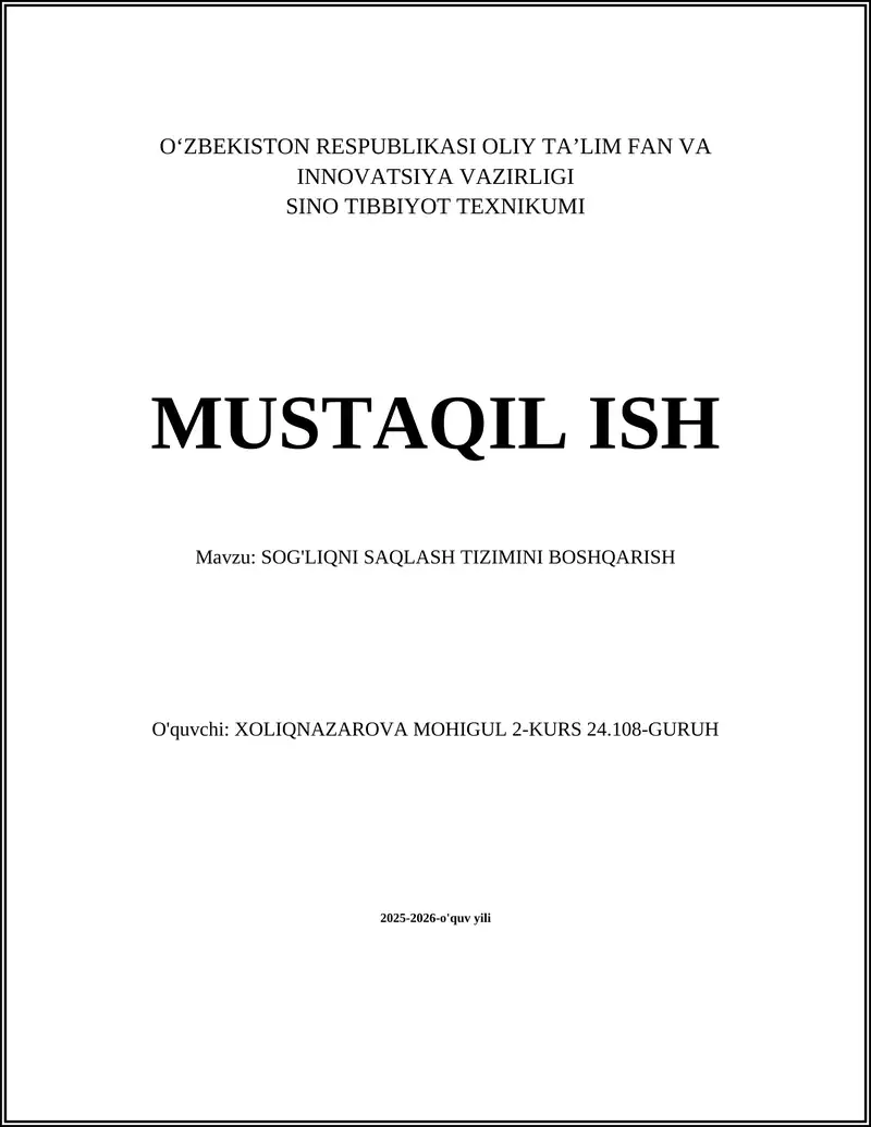SOG'LIQNI SAQLASH TIZIMINI BOSHQARISH
