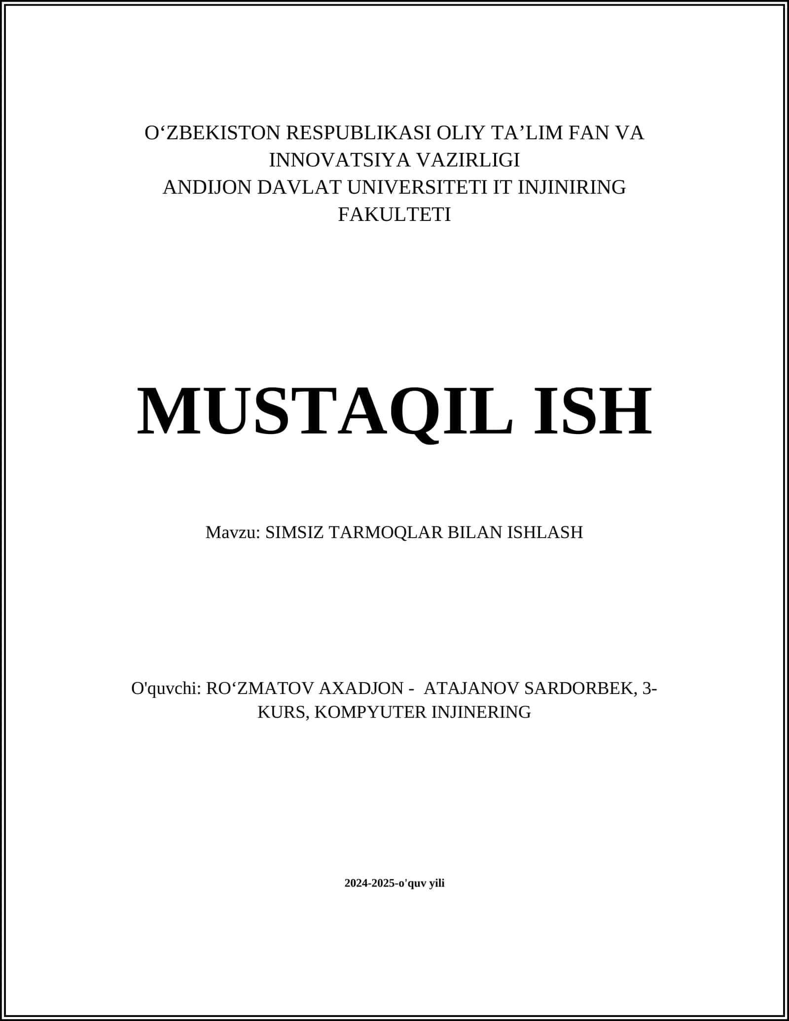 SIMSIZ TARMOQLAR BILAN ISHLASH