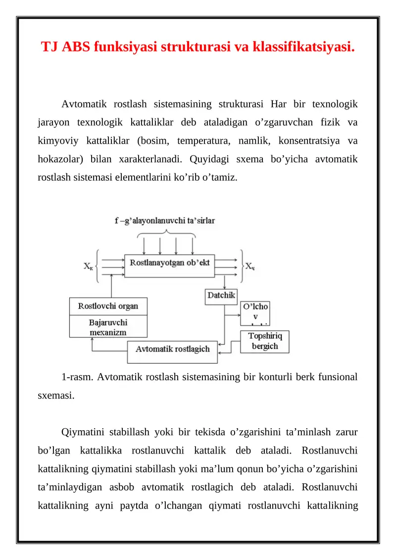 Avtomatik rostlash sistemasining strukturasi va klassifikatsiyasi