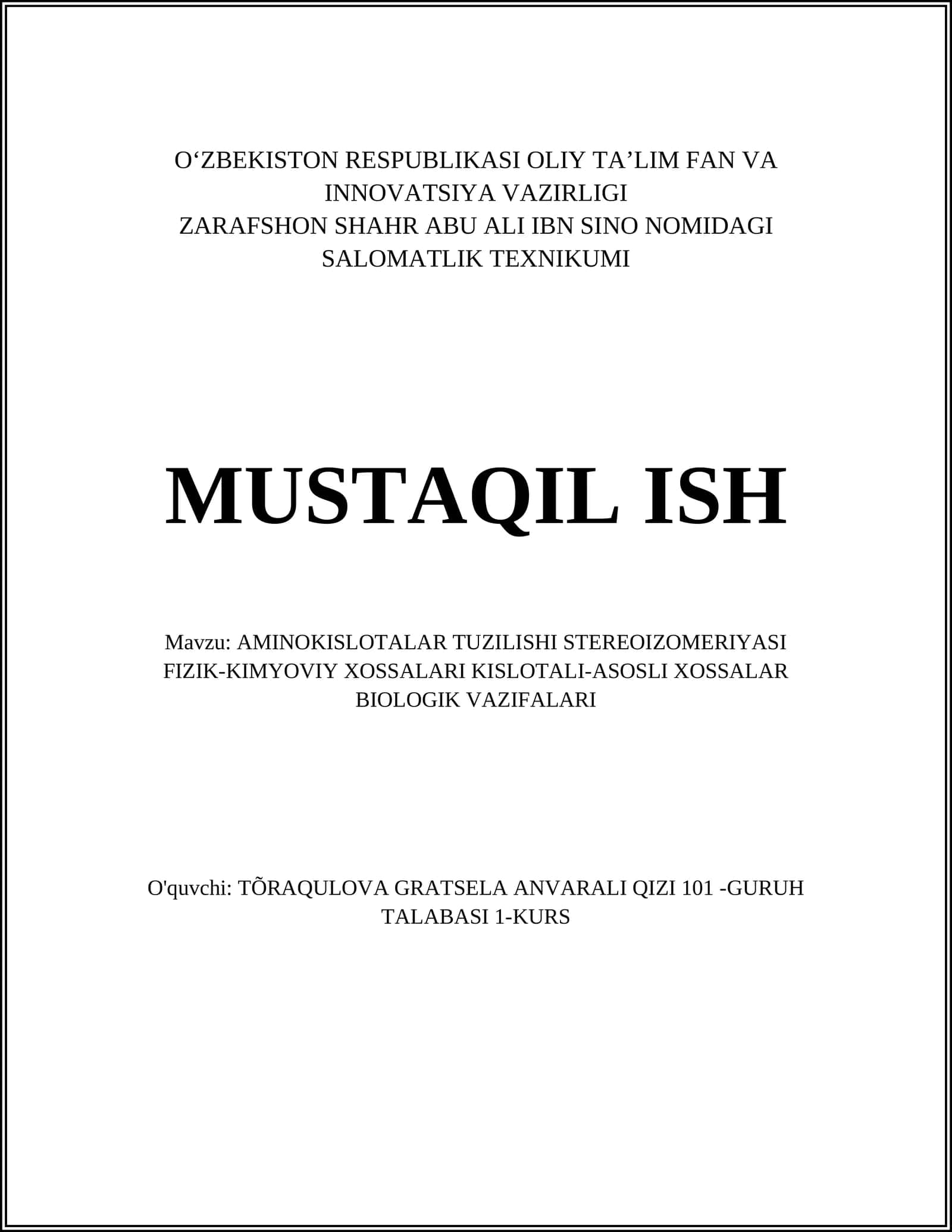 AMINOKISLOTALAR TUZILISHI STEREOIZOMERIYASI FIZIK-KIMYOVIY XOSSALARI KISLOTALI-ASOSLI XOSSALAR BIOLOGIK VAZIFALARI