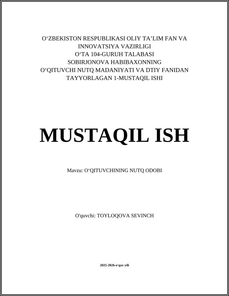 O‘QITUVCHINING NUTQ ODOBI