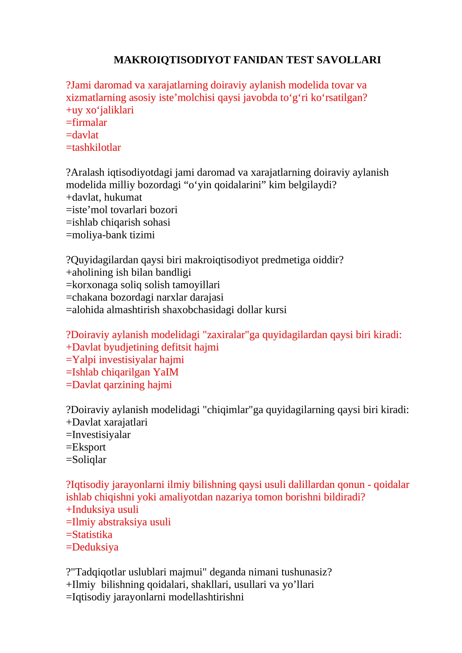 MAKROIQTISODIYOT FANIDAN TEST SAVOLLARI