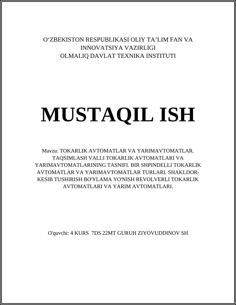 TAQSIMLASH VALLI TOKARLIK AVTOMATLAR VA YARIMAVTOMATLAR
