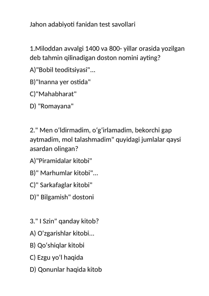 Jahon adabiyoti fanidan test savollari