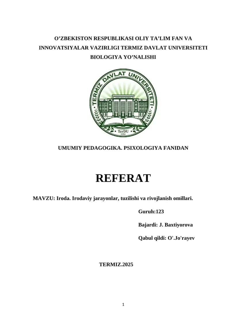 BIOLOGIYA YO’NALISHI REFERAT