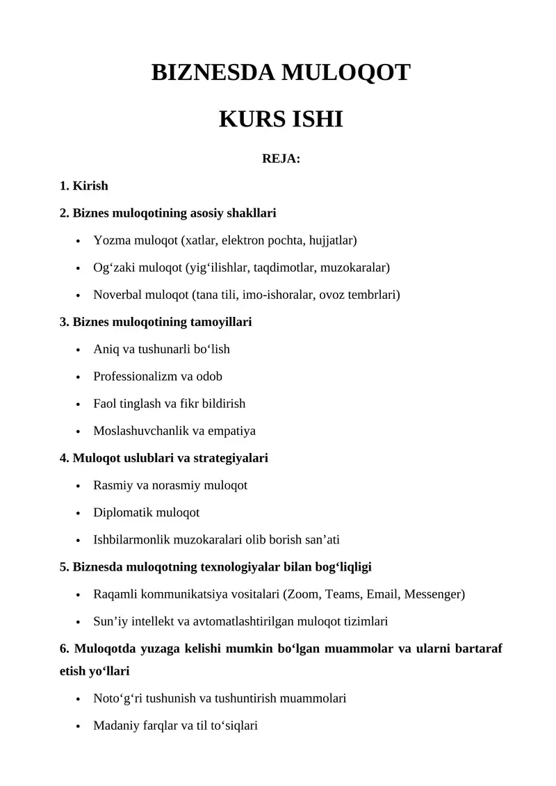 BIZNESDA MULOQOT KURS ISHI