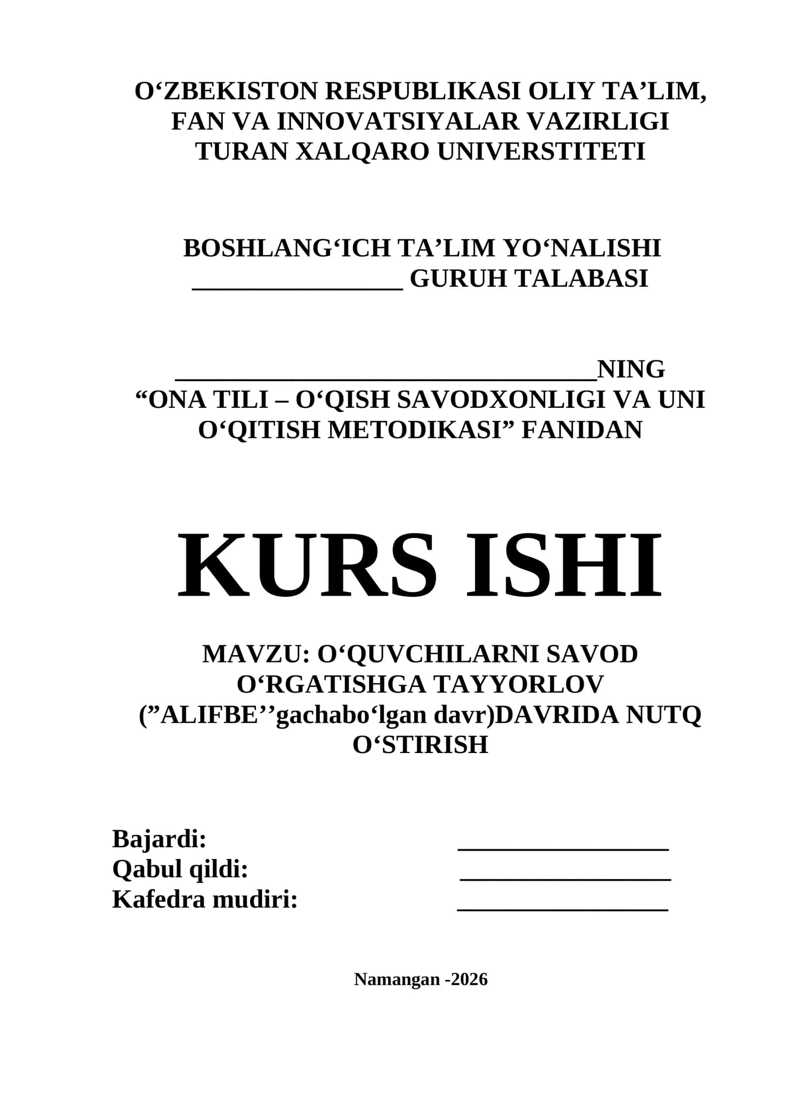 O‘QUVCHILARNI SAVOD O‘RGATISHGA TAYYORLOV (”ALIFBE’’gachabo‘lgan davr)DAVRIDA NUTQ O‘STIRISH.