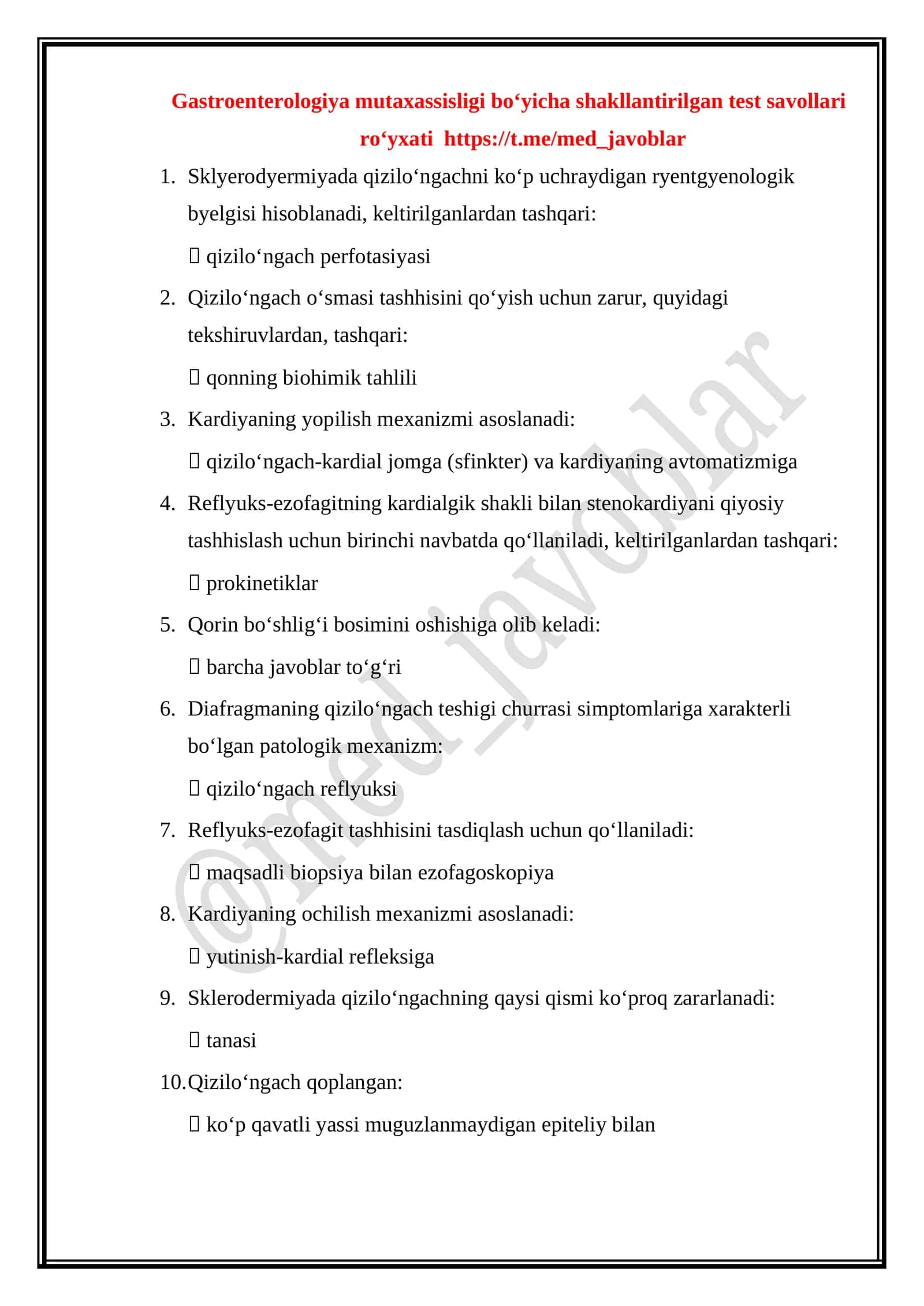 Gastroenterologiya mutaxassisligi boʻyicha shakllantirilgan test savollari roʻyxati