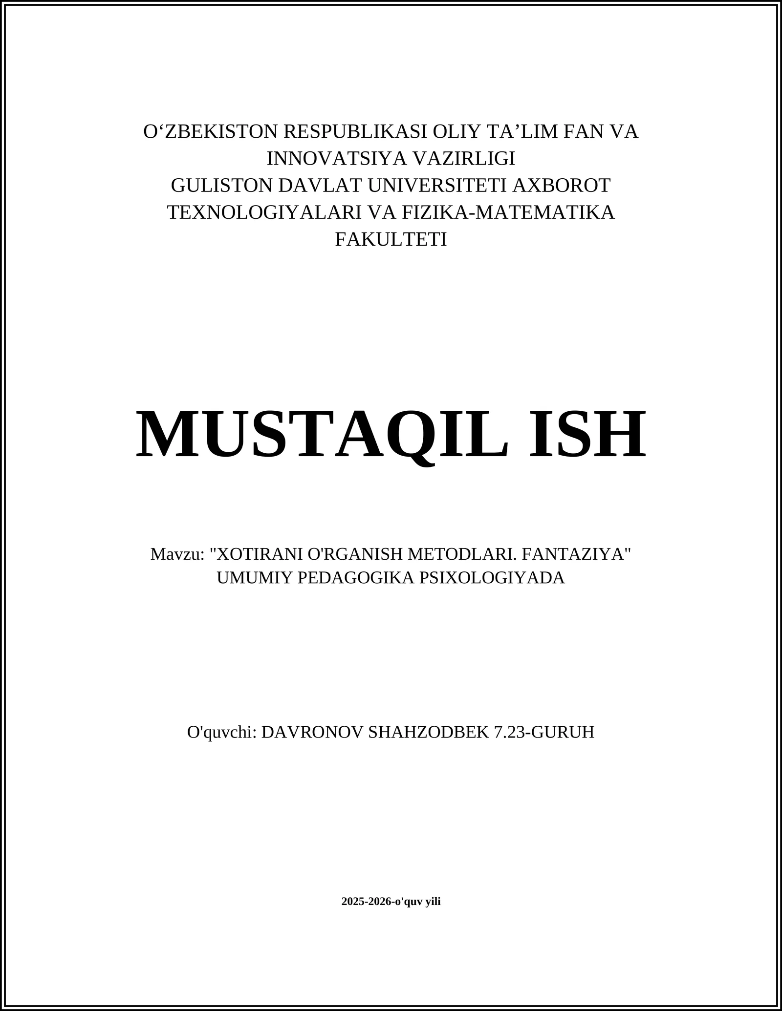 XOTIRANI O'RGANISH METODLARI. FANTAZIYA