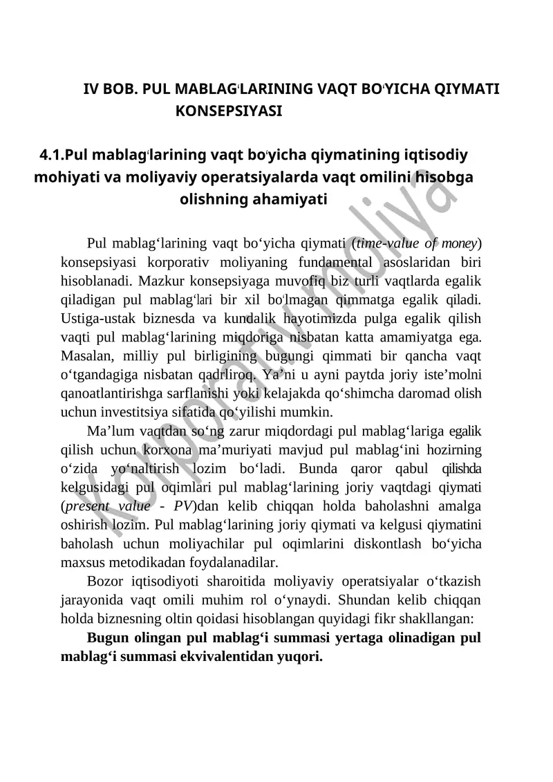 PUL MABLAGʻLARINING VAQT BOʻYICHA QIYMATI KONSEPSIYASI