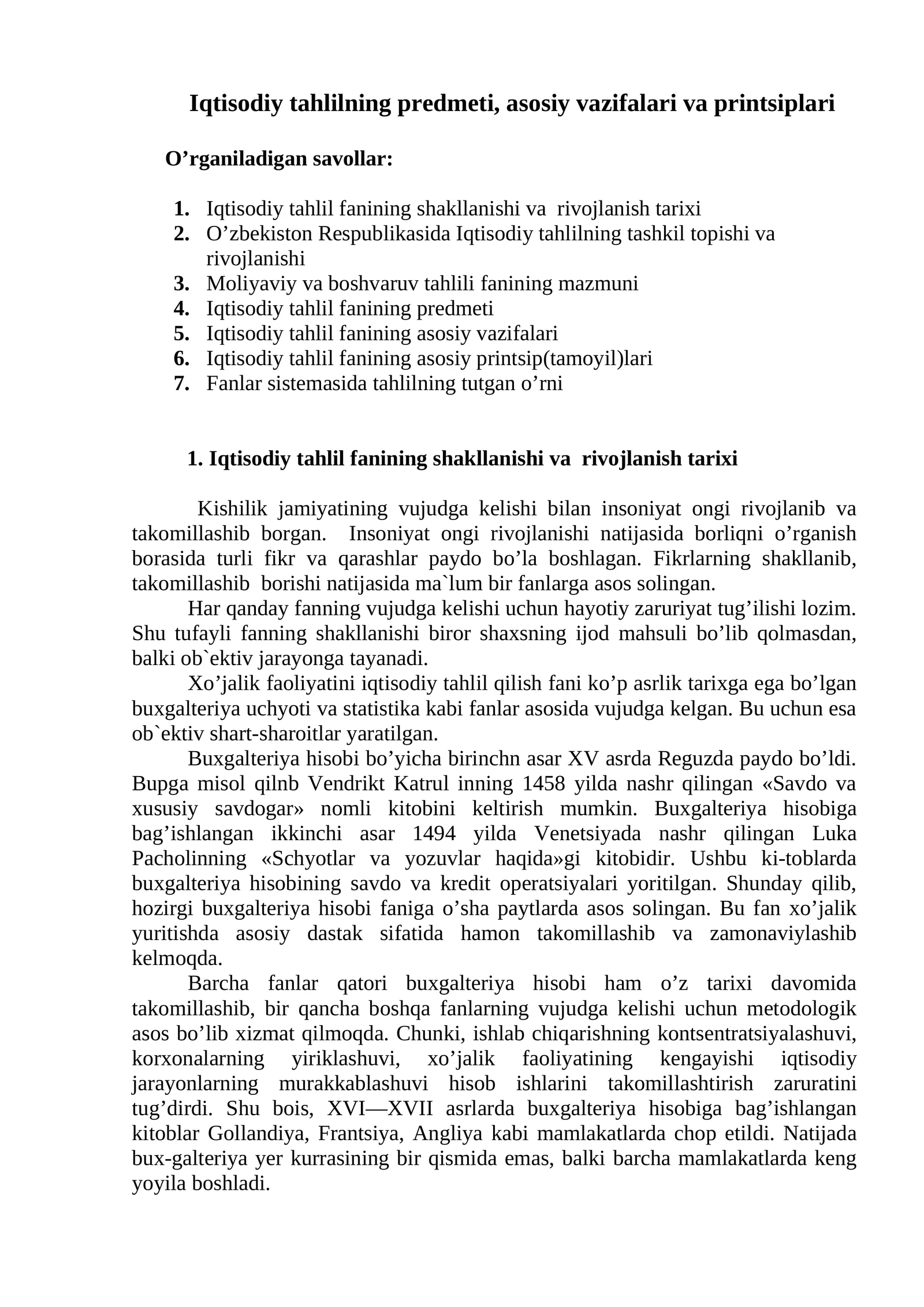Iqtisodiy tahlilning predmeti, asоsiy vazifalari va printsiplari