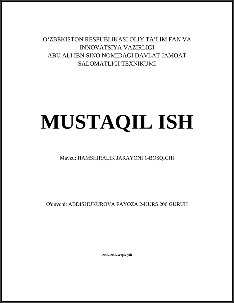 HAMSHIRALIK JARAYONI 1-BOSQICHI