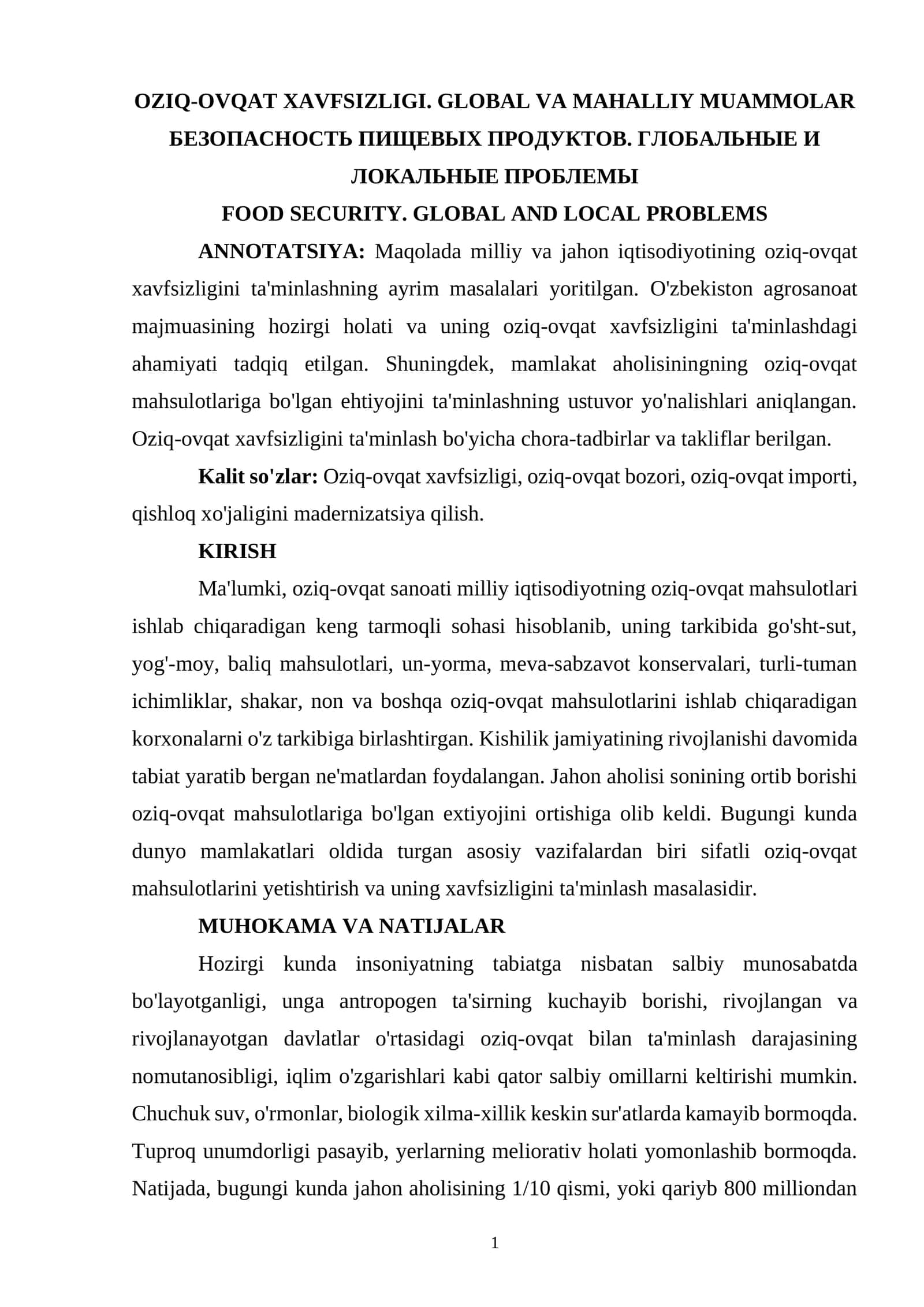 OZIQ-OVQAT XAVFSIZLIGI. GLOBAL VA MAHALLIY MUAMMOLAR