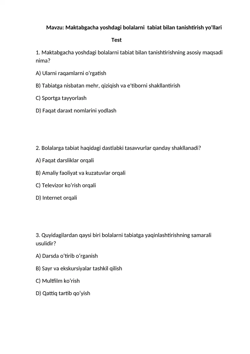 Maktabgacha yoshdagi bolalarni tabiat bilan tanishtirish yo'llari