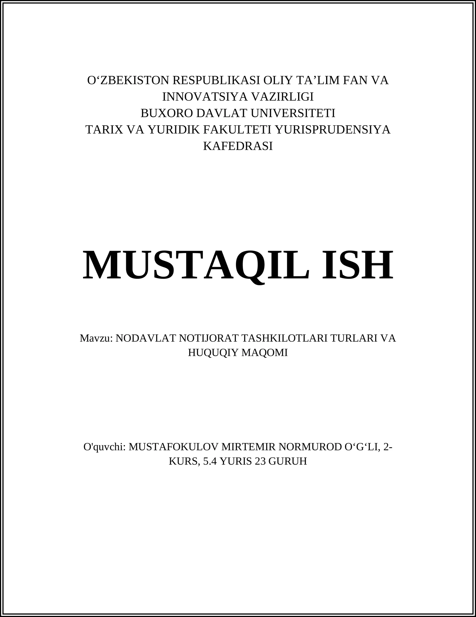 NODAVLAT NOTIJORAT TASHKILOTLARI TURLARI VA HUQUQIY MAQOMI