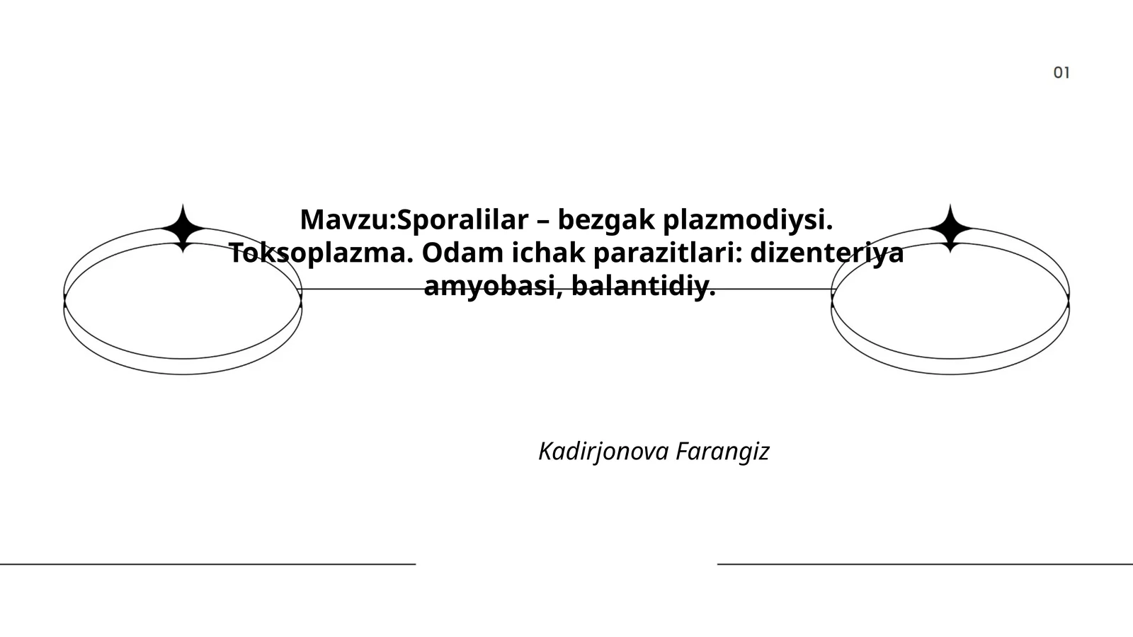 Sporalilar – bezgak plazmodiysi. Toksoplazma. Odam ichak parazitlari: dizenteriya amyobasi, balantidiy