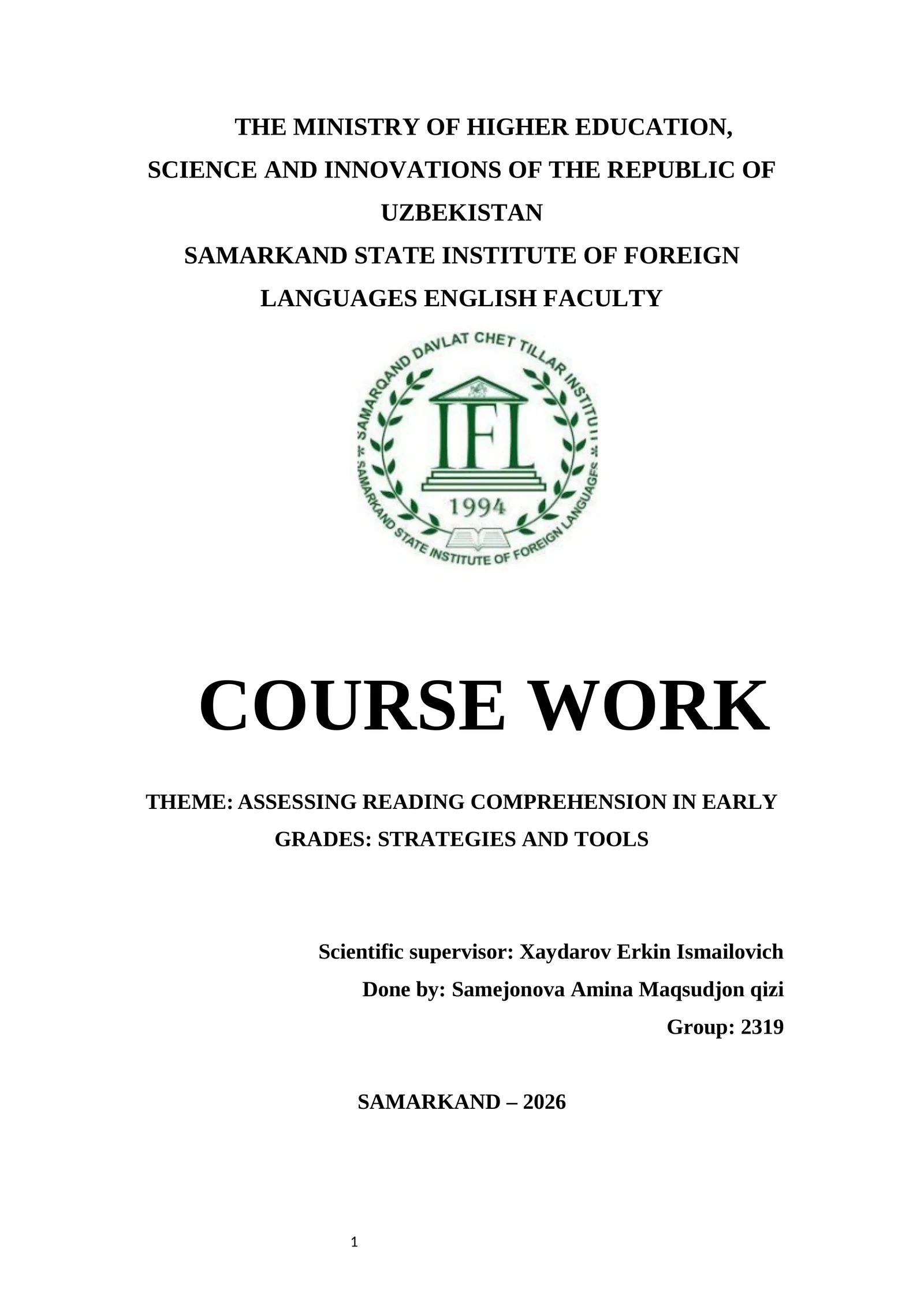 Course Work on Assessing Reading Comprehension