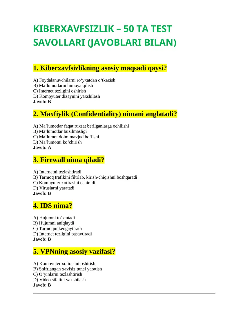 Kiberxavsizlik test savollari (javoblari)