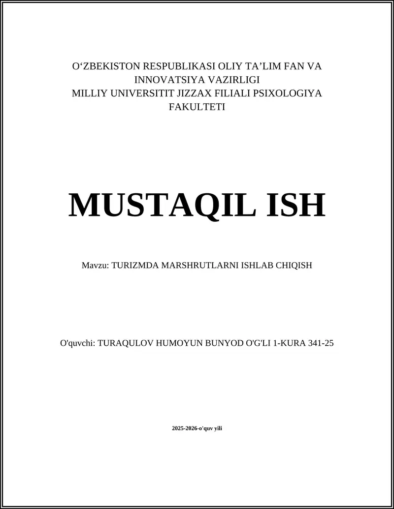TURIZMDA MARSHRUTLARNI ISHLAB CHIQISH