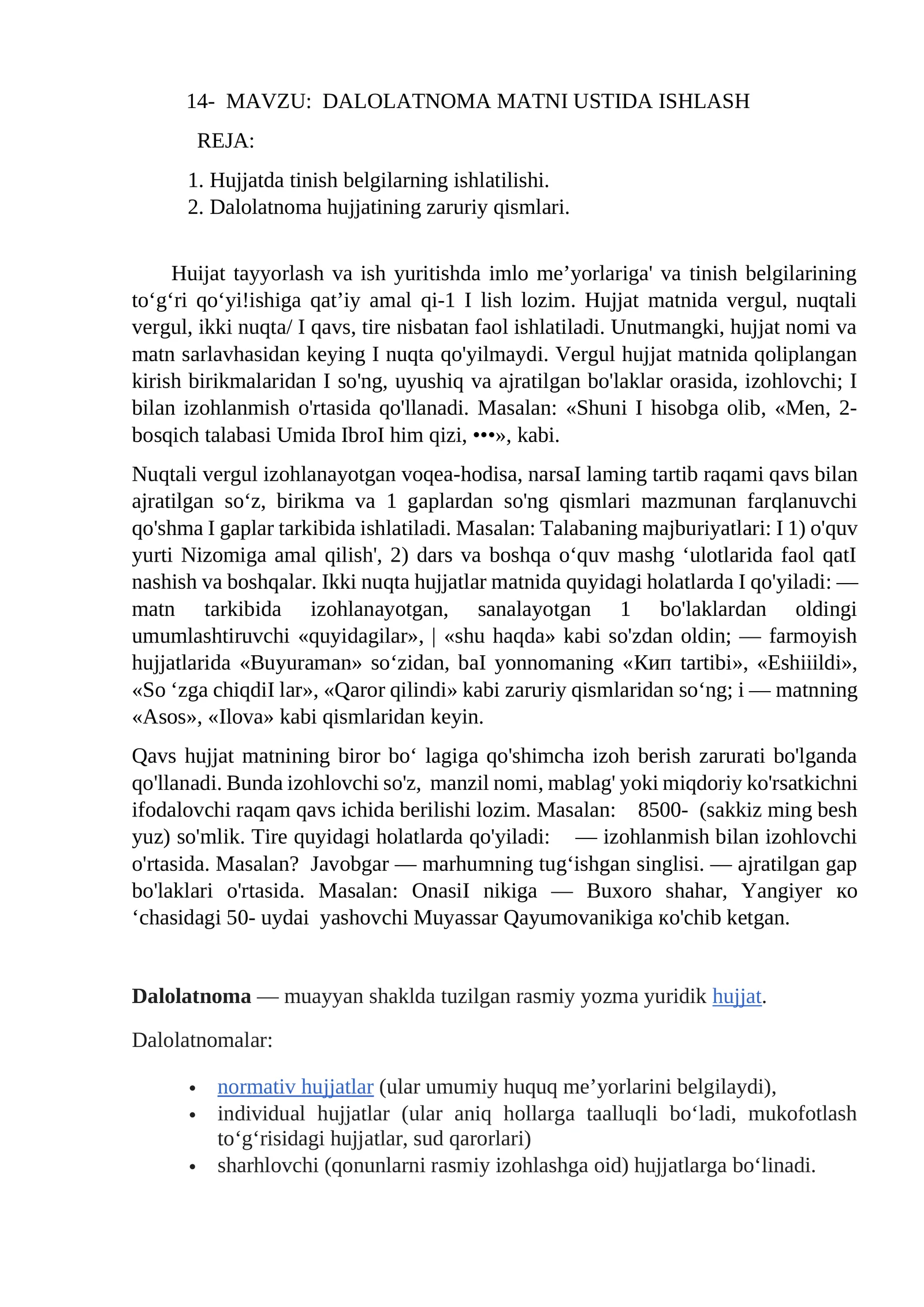 DALOLATNOMA MATNI USTIDA ISHLASH