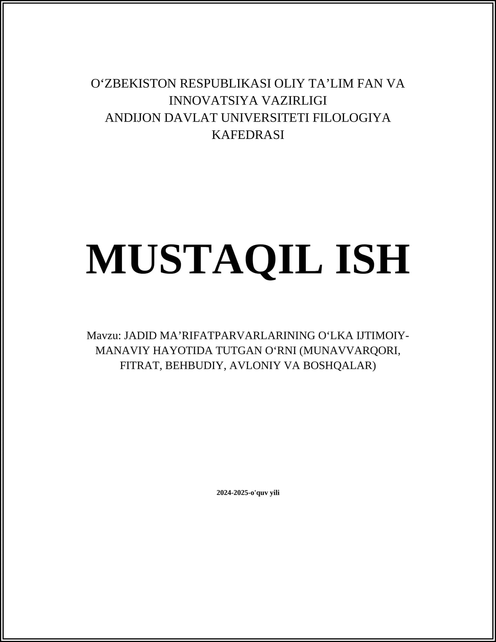 JADID MAʼRIFATPARVARLARINING OʻLKA IJTIMOIY-MANAVIY HAYOTIDA TUTGAN OʻRNI (MUNAVVARQORI, FITRAT, BEHBUDIY, AVLONIY VA BOSHQALAR)