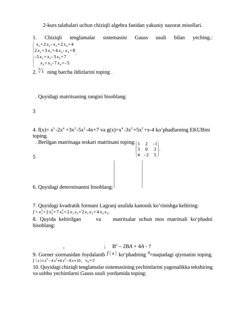 2-kurs talabalari uchun chiziqli algebra fanidan yakuniy nazorat misollari
