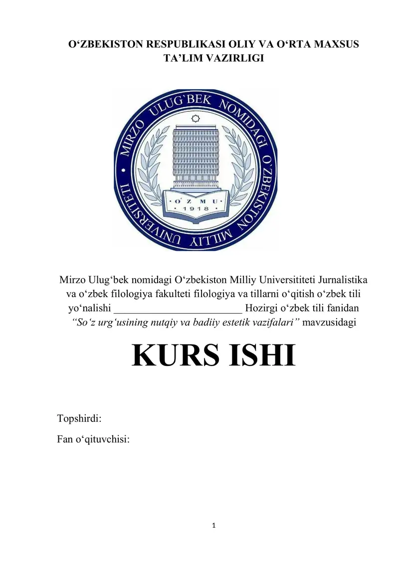"So‘z urg‘usining nutqiy va badiiy estetik vazifalari" kurs ishi