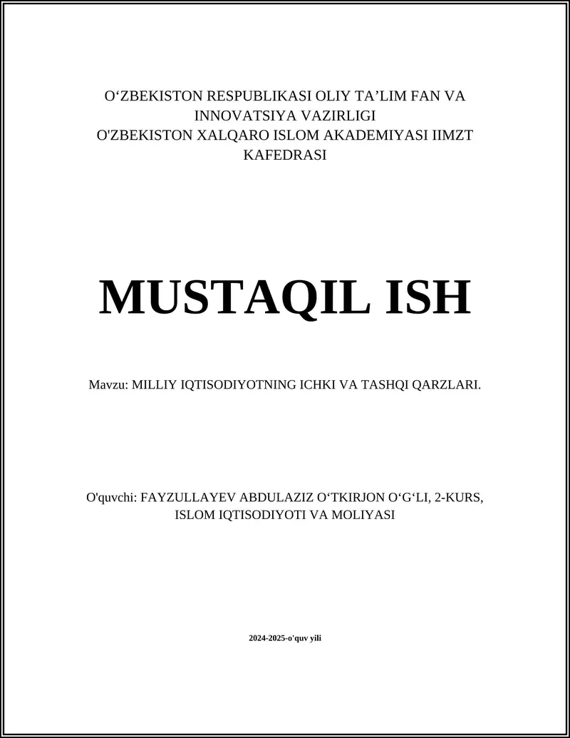 MILLIY IQTISODIYOTNING ICHKI VA TASHQI QARZLARI