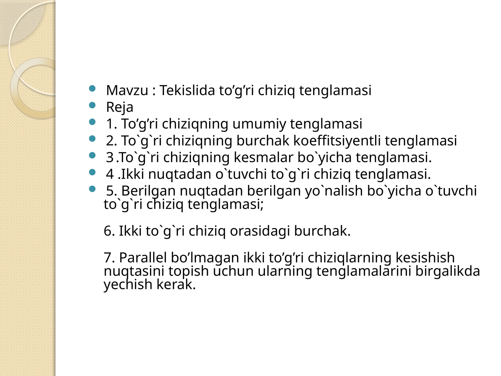 Tekislida to’g’ri chiziq tenglamasi