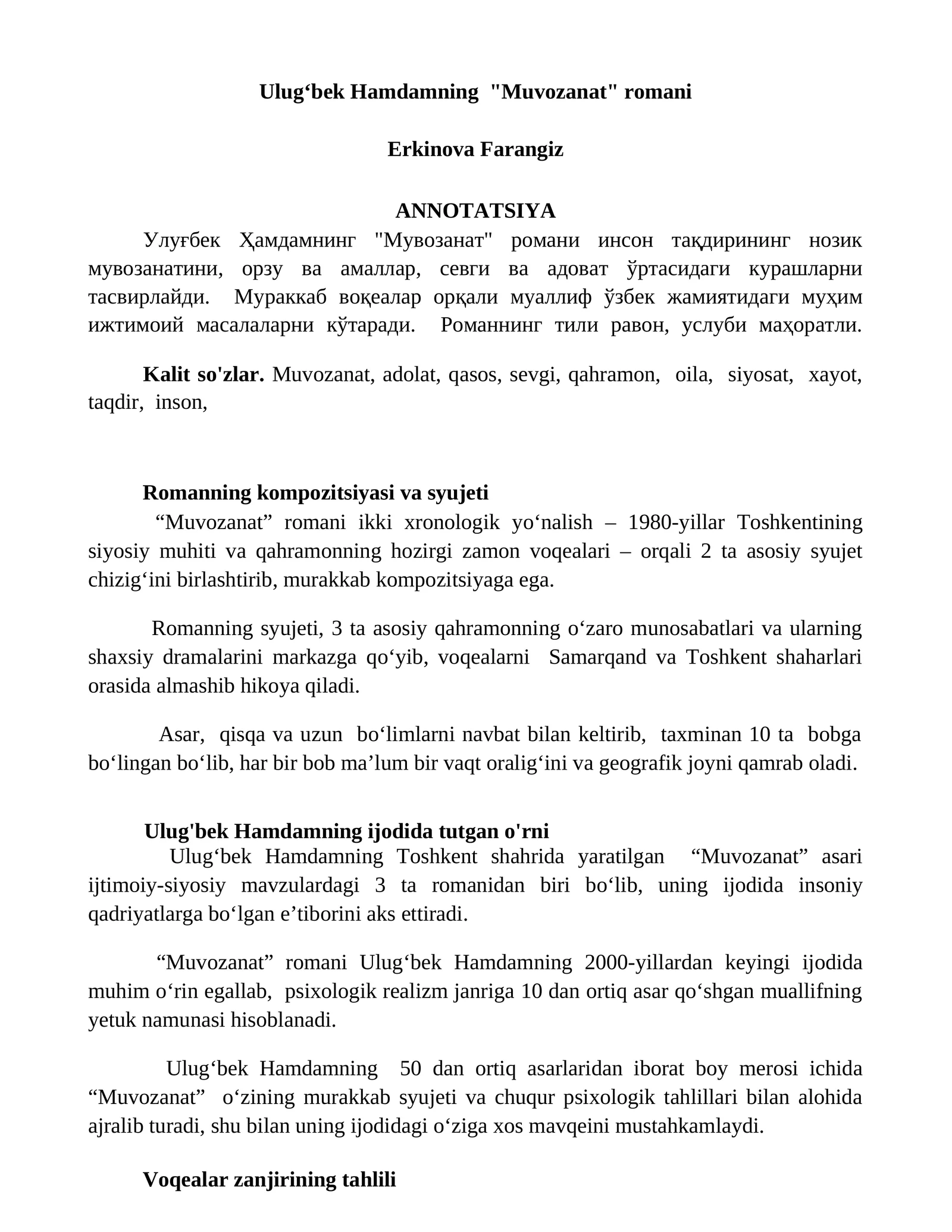 Ulugʻbek Hamdamning "Muvozanat" romani