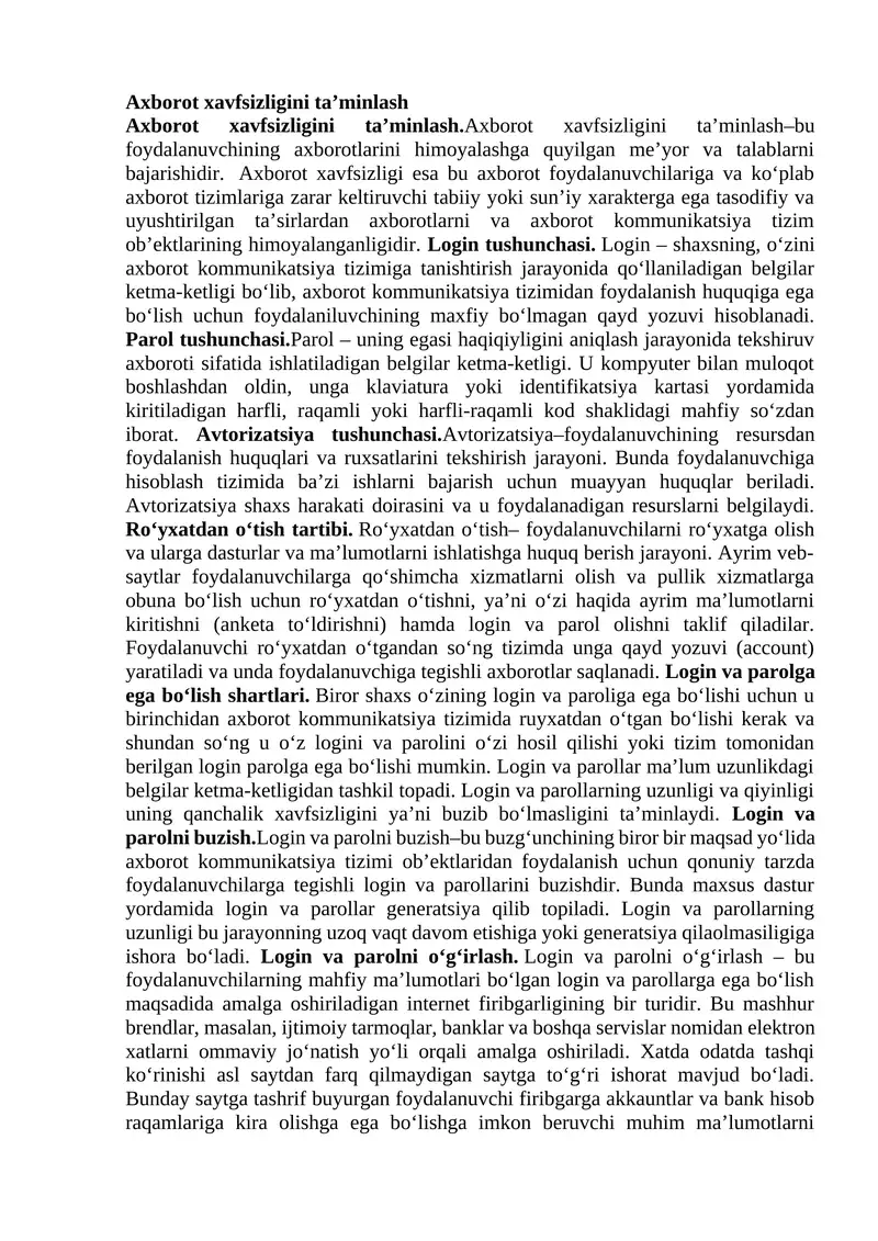 Axborot xavfsizligini ta’minlash