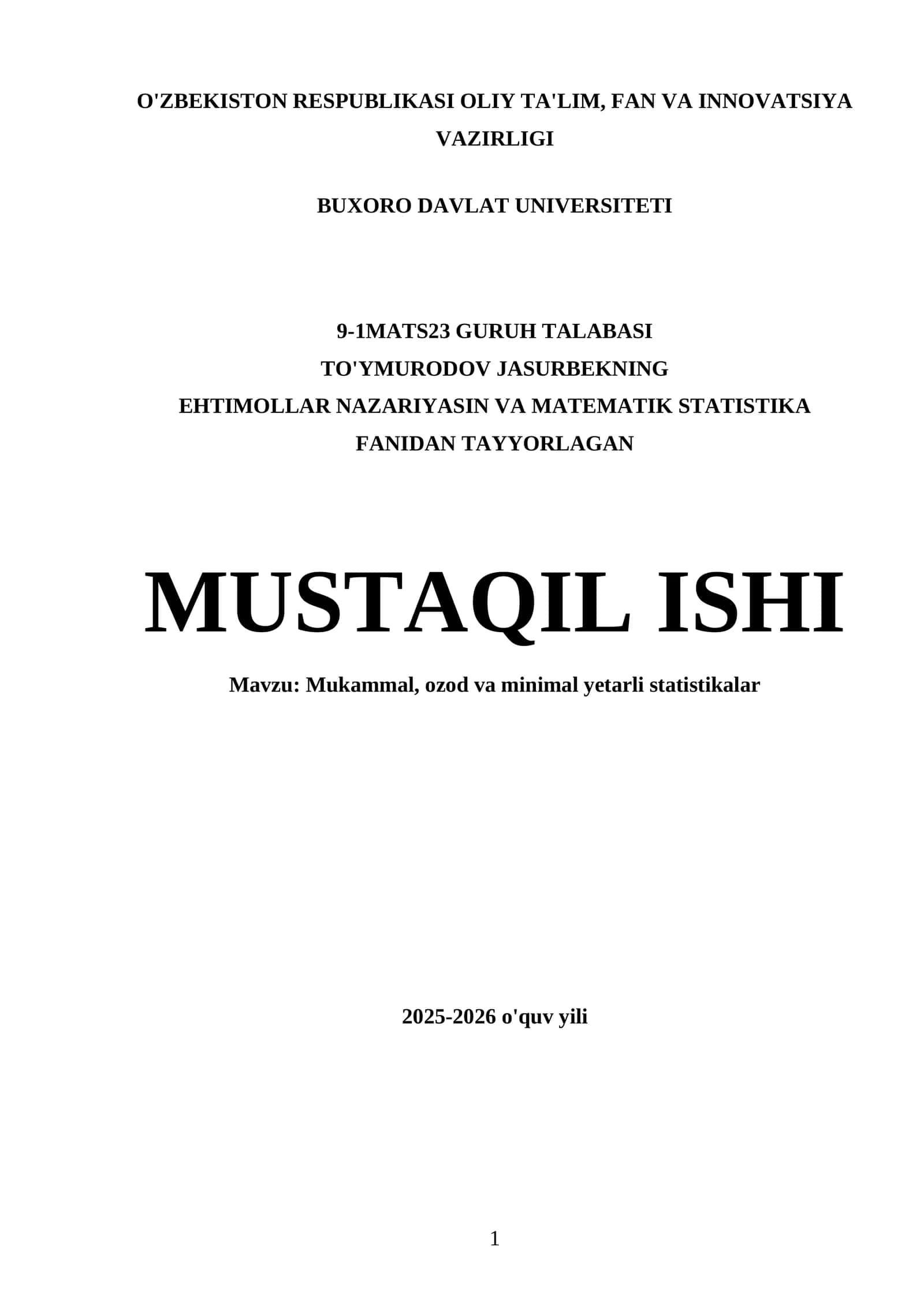 Mukammal, ozod va minimal yetarli statistikalar