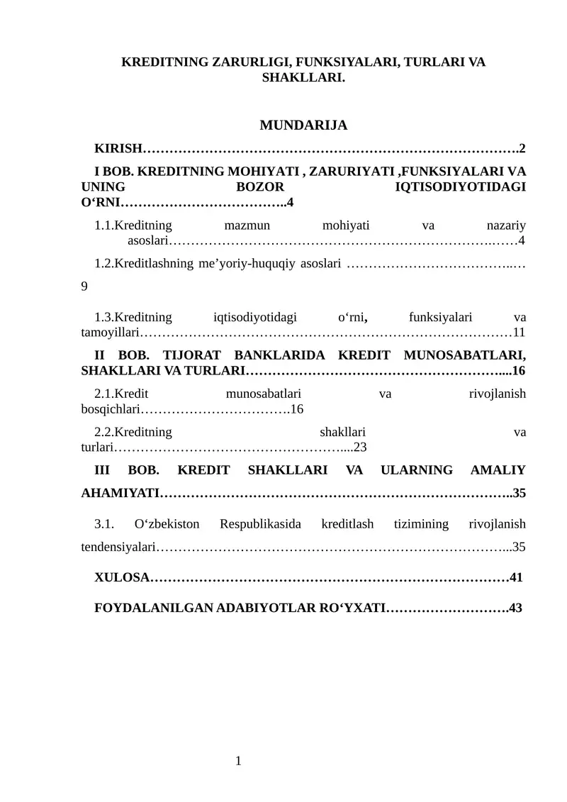 KREDITNING ZARURLIGI, FUNKSIYALARI, TURLARI VA SHAKLLARI