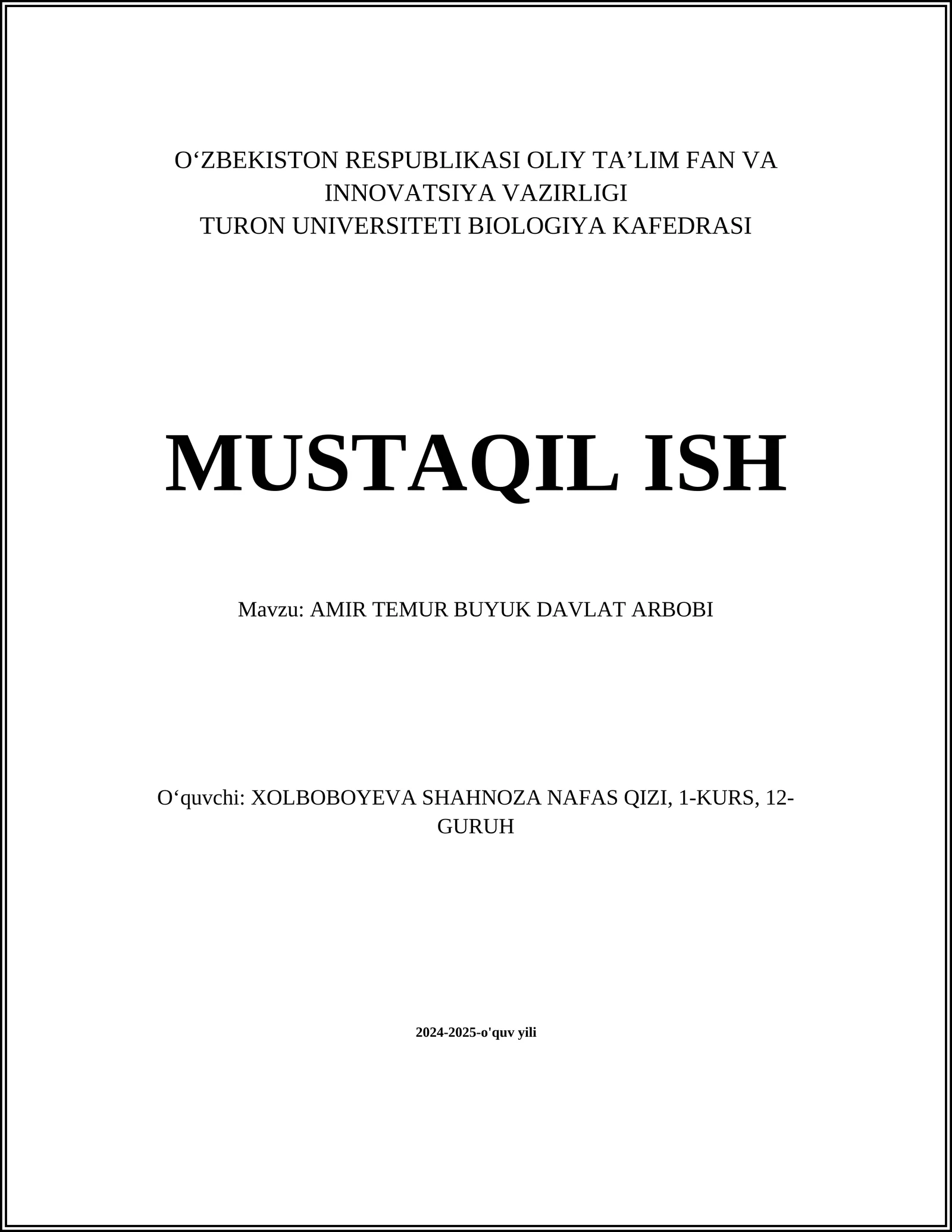 AMIR TEMUR BUYUK DAVLAT ARBOBI