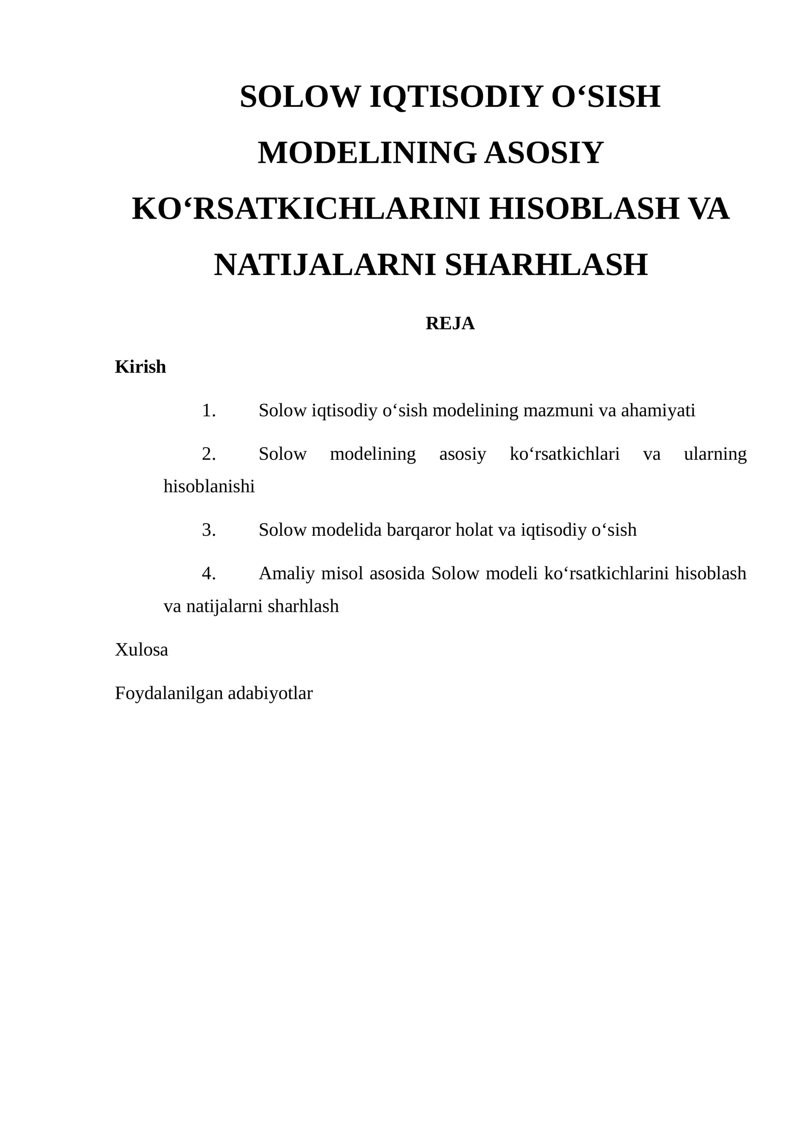 Solow iqtisodiy o‘sish modelining asosiy ko‘rsatkichlarini hisoblash va natijalarni sharhlash