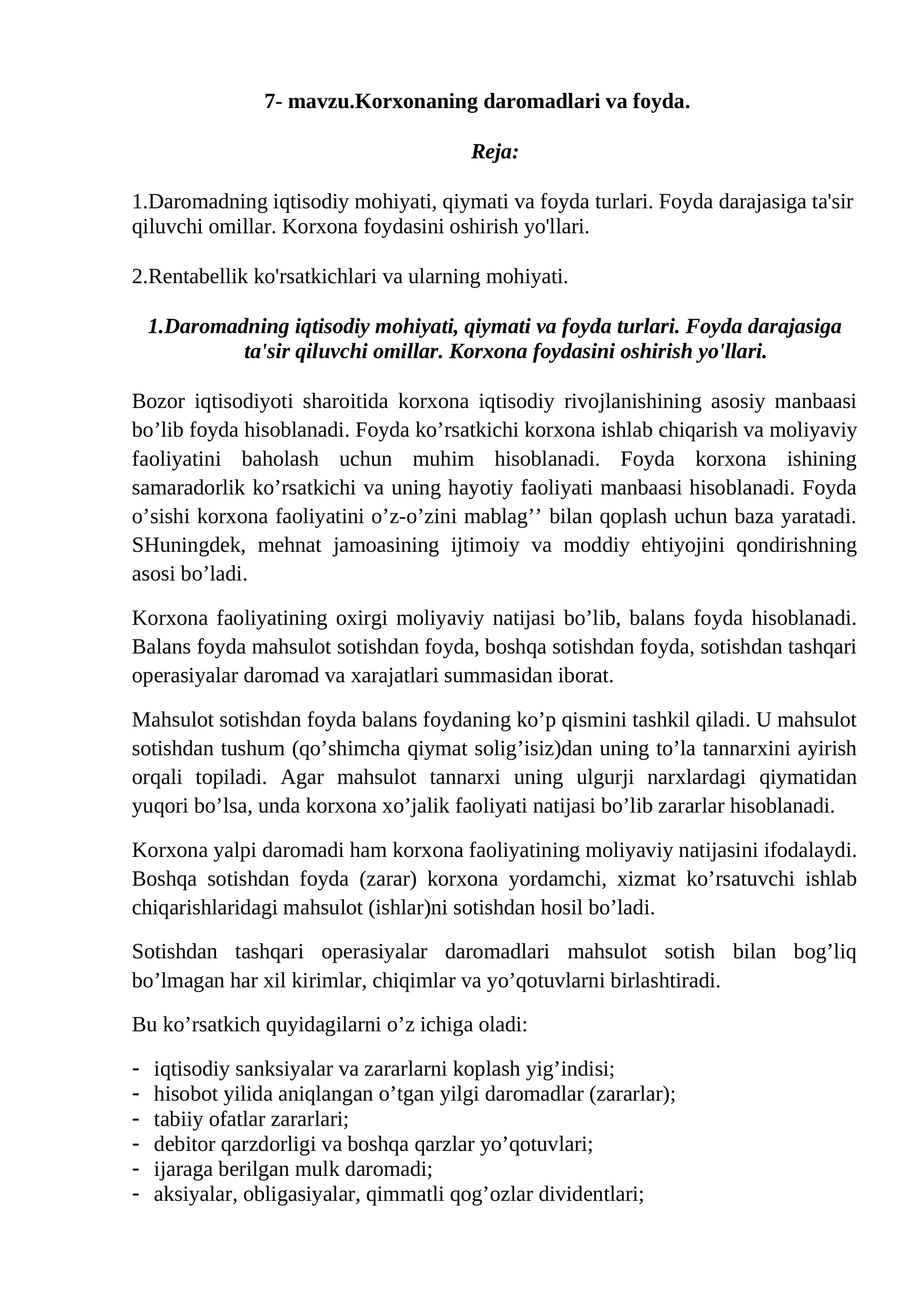 7-mavzu.Korxonaning daromadlari va foyda