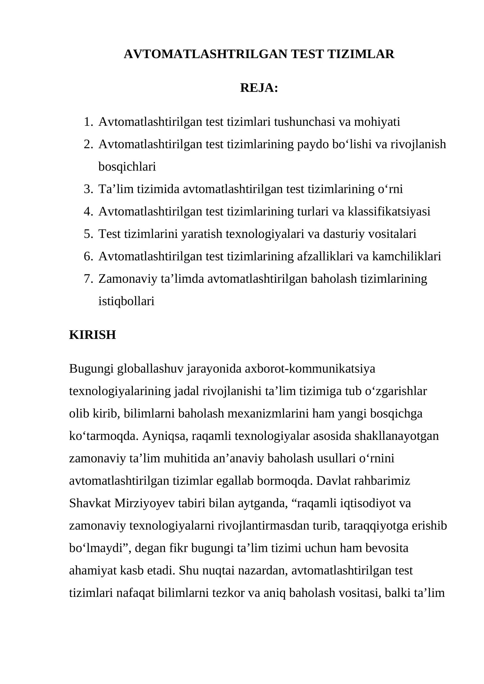 AVTOMATLASHTRILGAN TEST TIZIMLAR