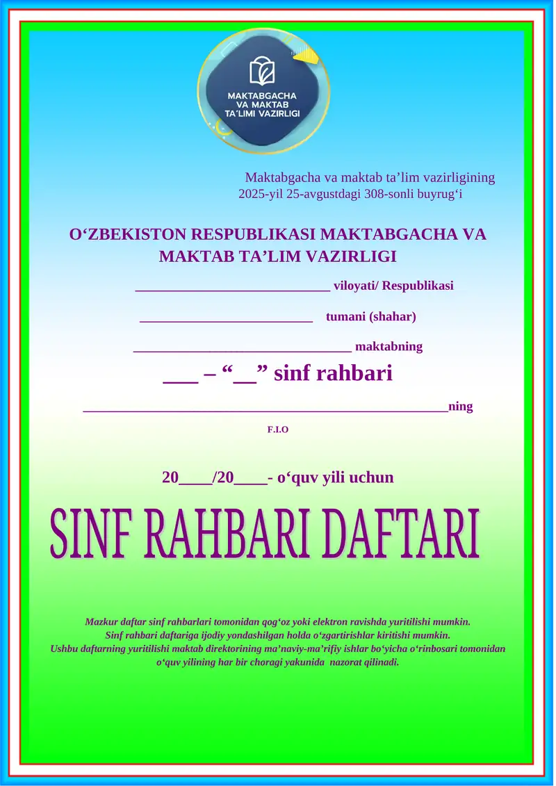 1-4 sinf Sinf rahbar daftari 2025-2026-yil