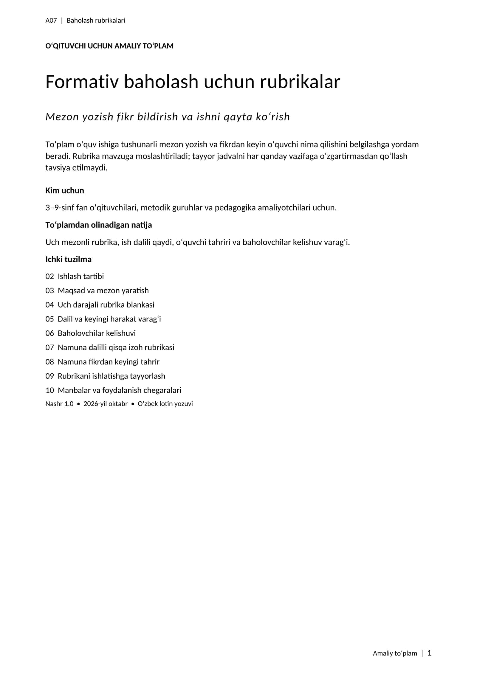 Formativ baholash uchun rubrikalar — blankalar va tayyor misollar