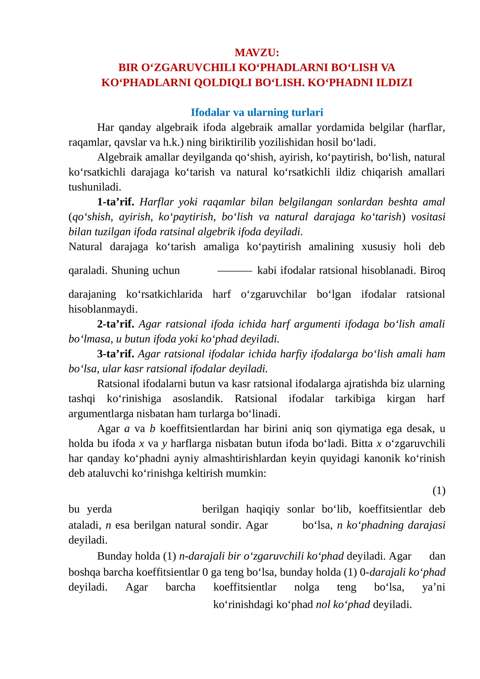 BIR O‘ZGARUVCHILI KO‘PHADLARNI BO‘LISH VA KO‘PHADNI ILDIZI