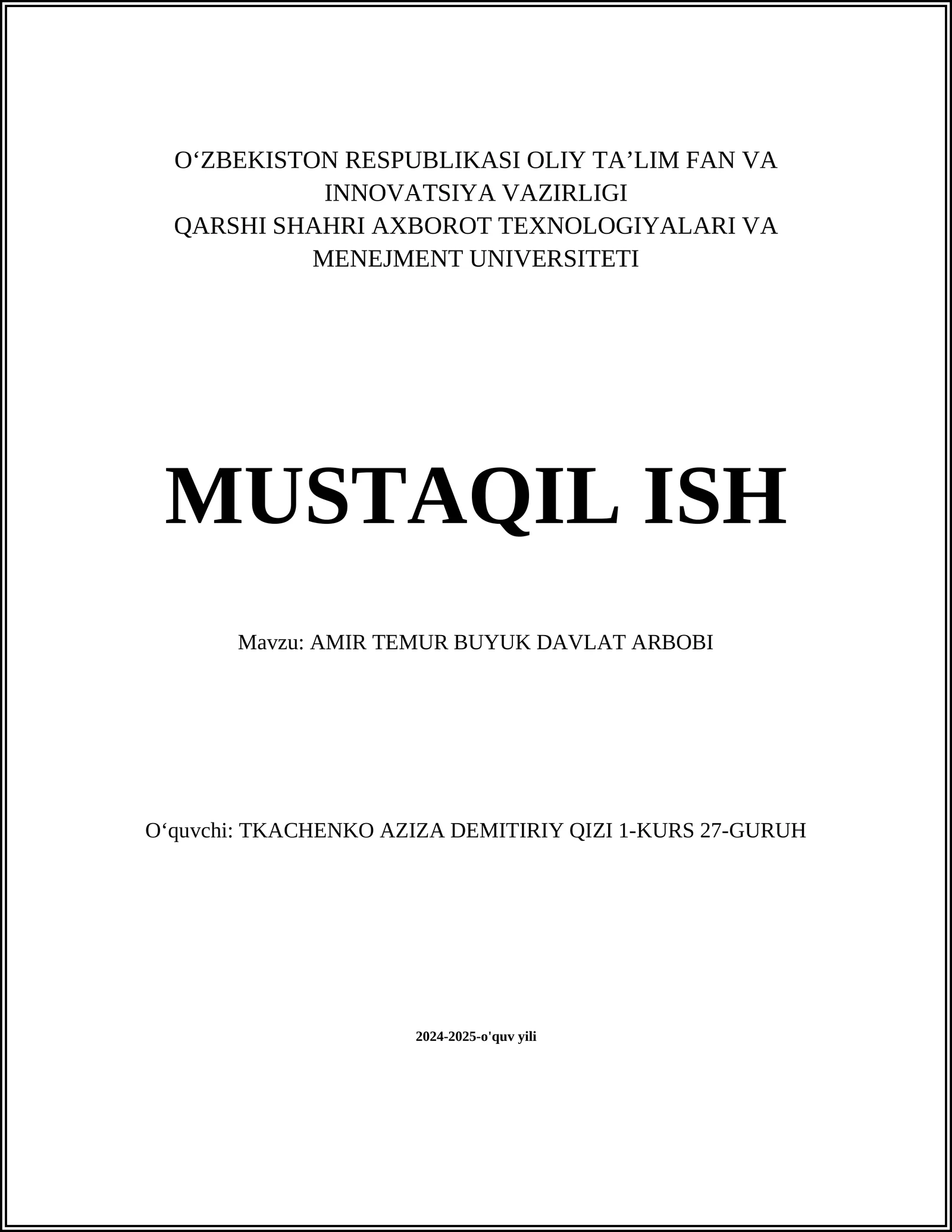 AMIR TEMUR BUYUK DAVLAT ARBOBI