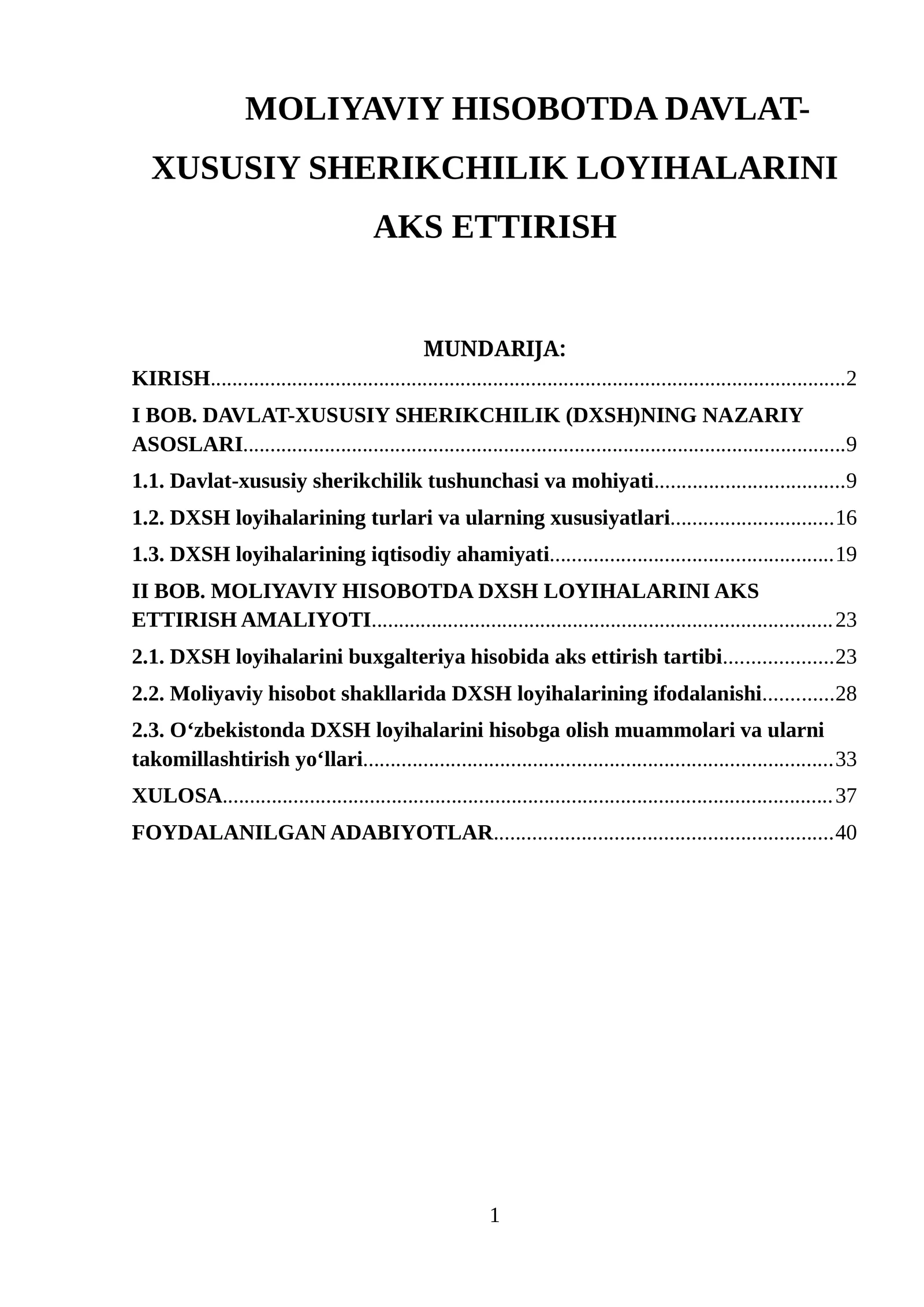 MOLIYAVIY HISOBOTDA DAVLAT-XUSUSIY SHERIKCHILIK LOYIHALARINI AKS ETTIRISH