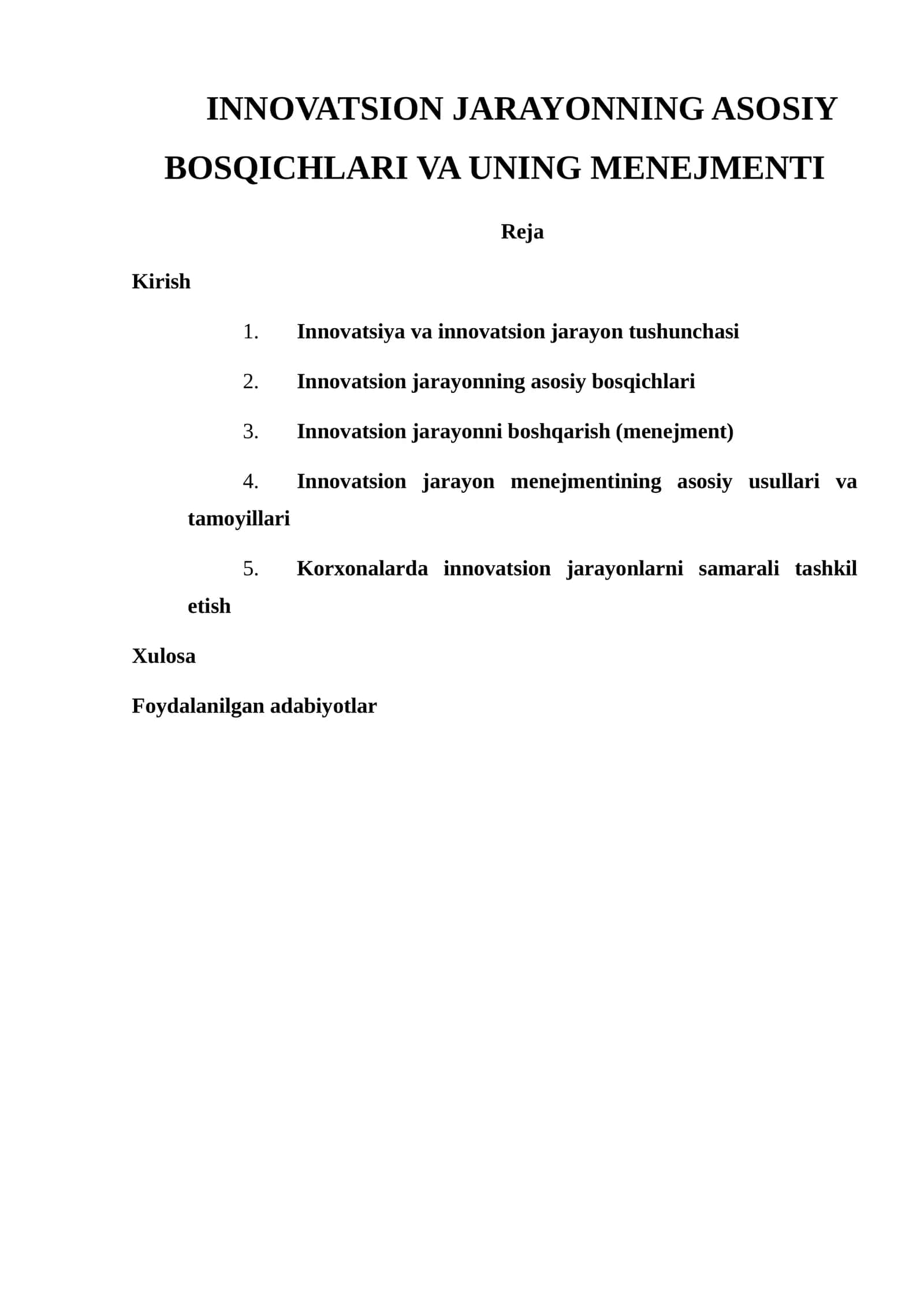 INNOVATSION JARAYONNING ASOSIY BOSQICHLARI VA UNING MENEJMENTI