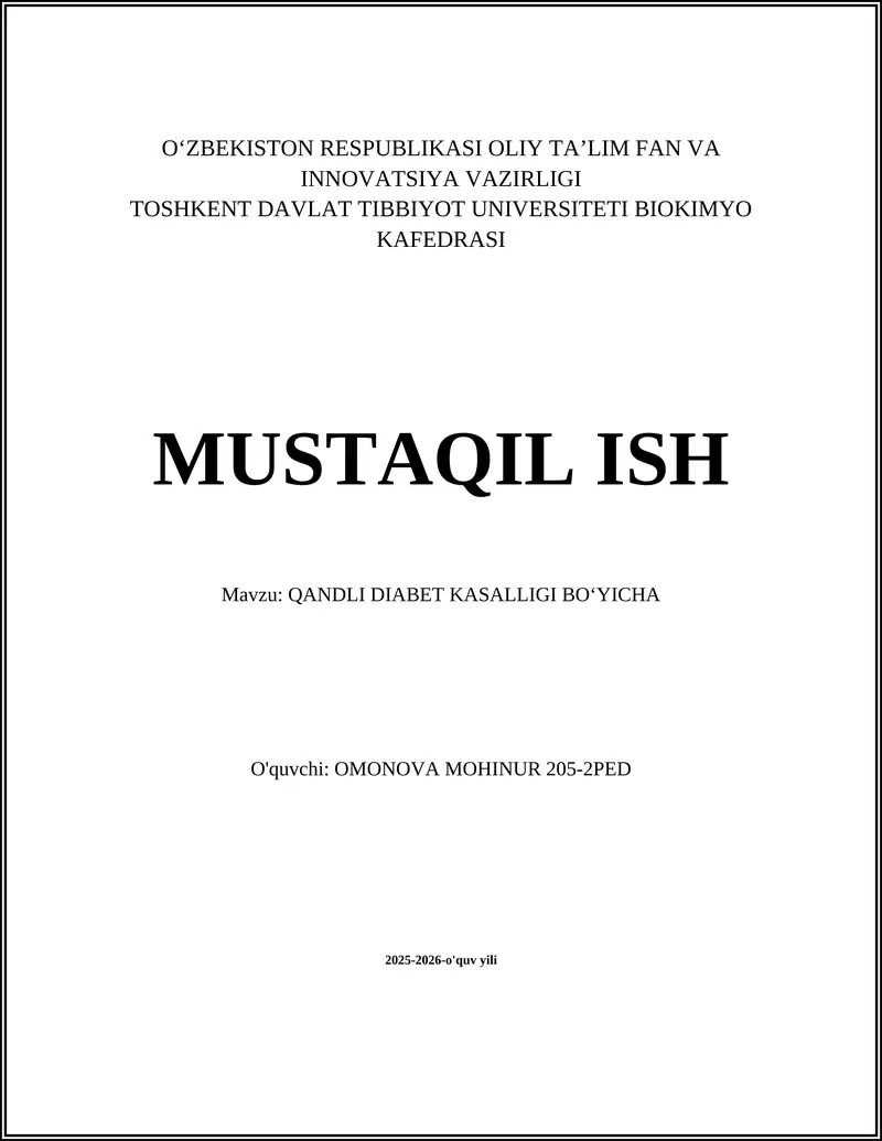 Qandli Diabet Kasalligi Bo'yicha Omonova Mohinur 205-2PED