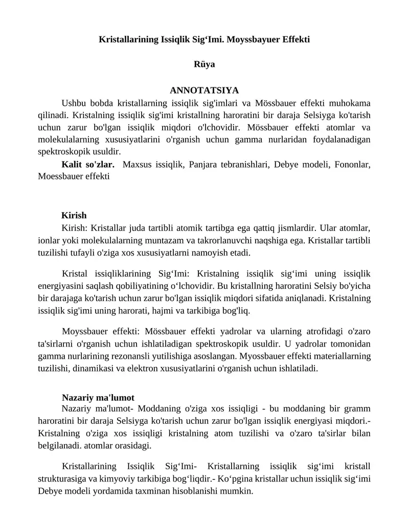 Kristallarining Issiqlik SigʻImi. Moyssbayuer Effekti